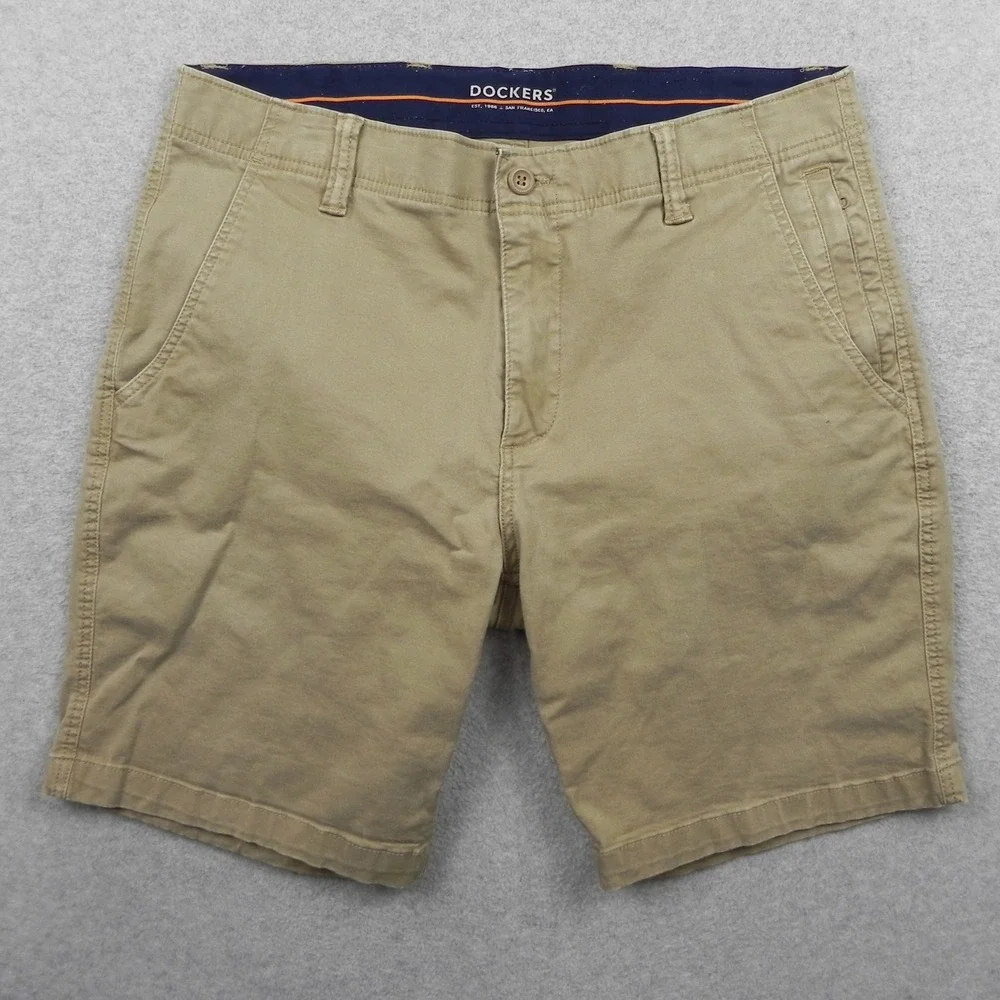Dockers Chino Shorts Mens 34 Khaki Tan Stretch Cotton Flat Front Casual Walking